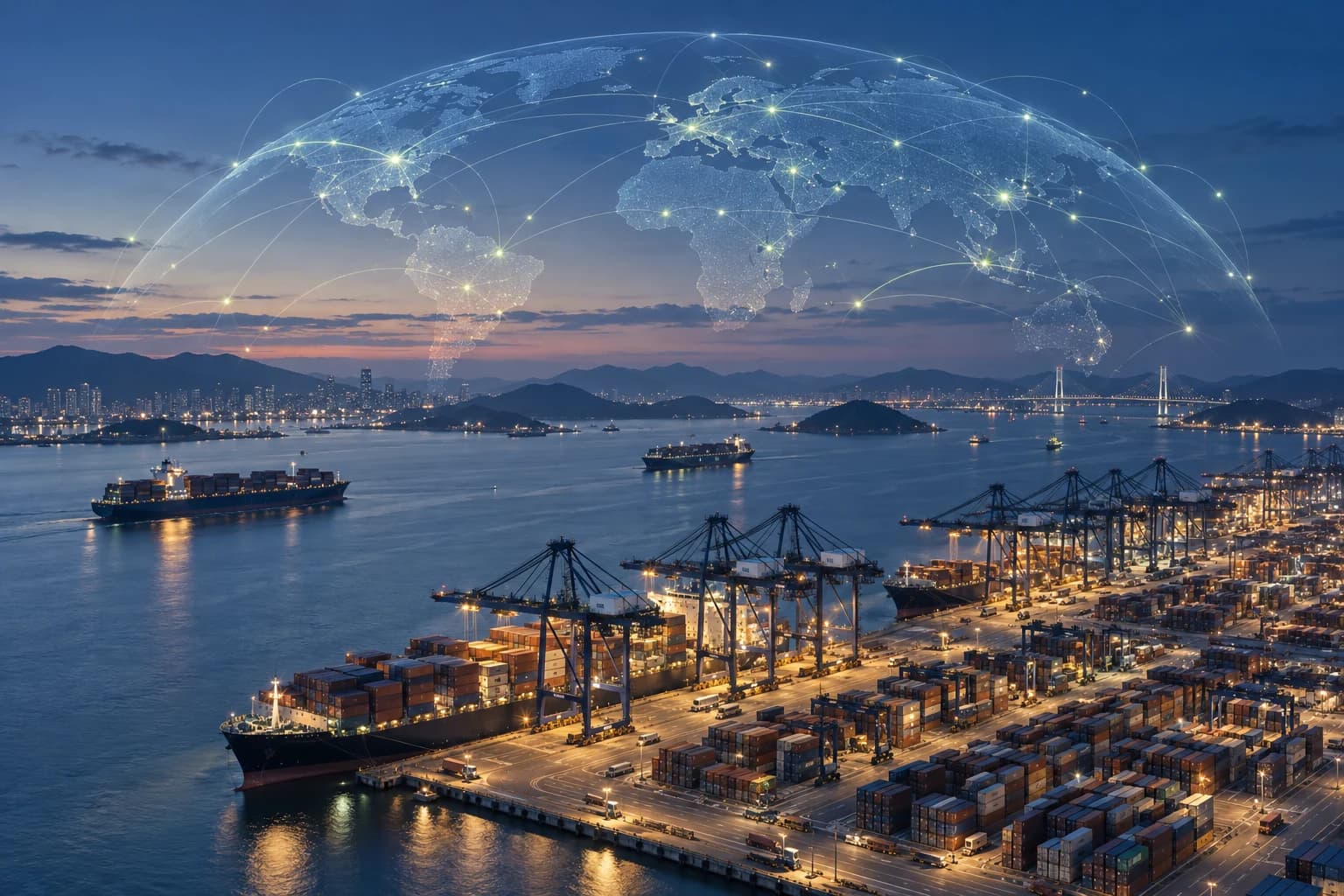 以AI数据网络将港口与物流连接至全球市场的全球通商概念图