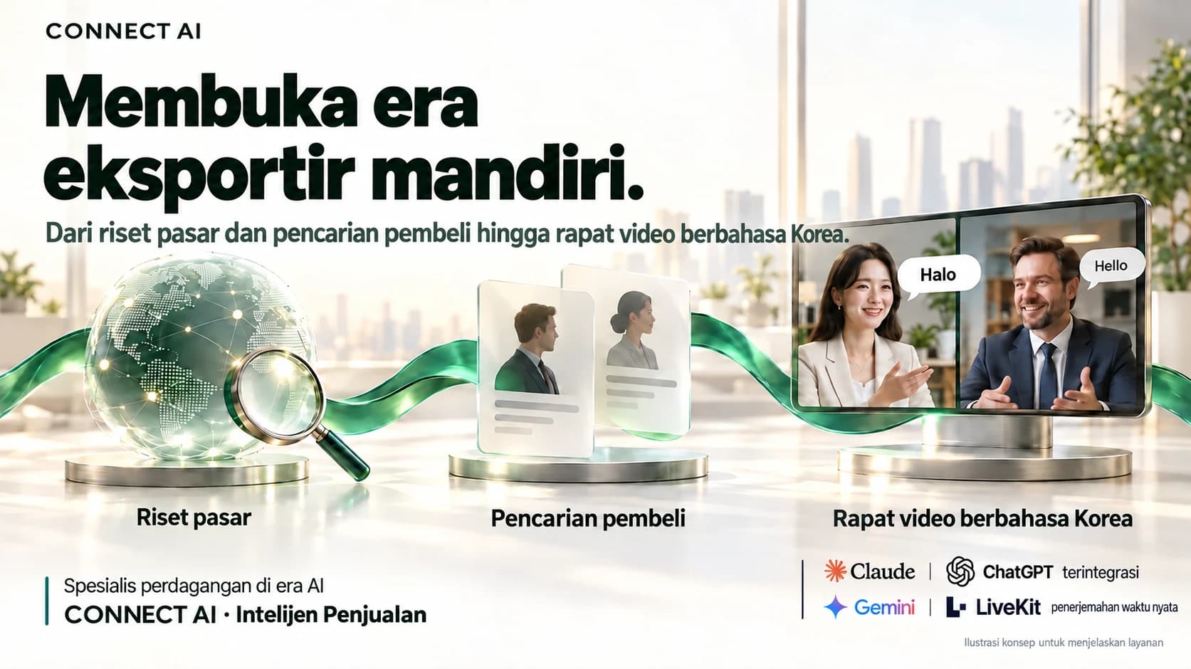 Ilustrasi konsep CONNECT AI dengan teks berbahasa Indonesia bertajuk “Membuka era eksportir mandiri”, menghubungkan riset pasar, pencarian pembeli, dan rapat video berbahasa Korea dengan pita zamrud.