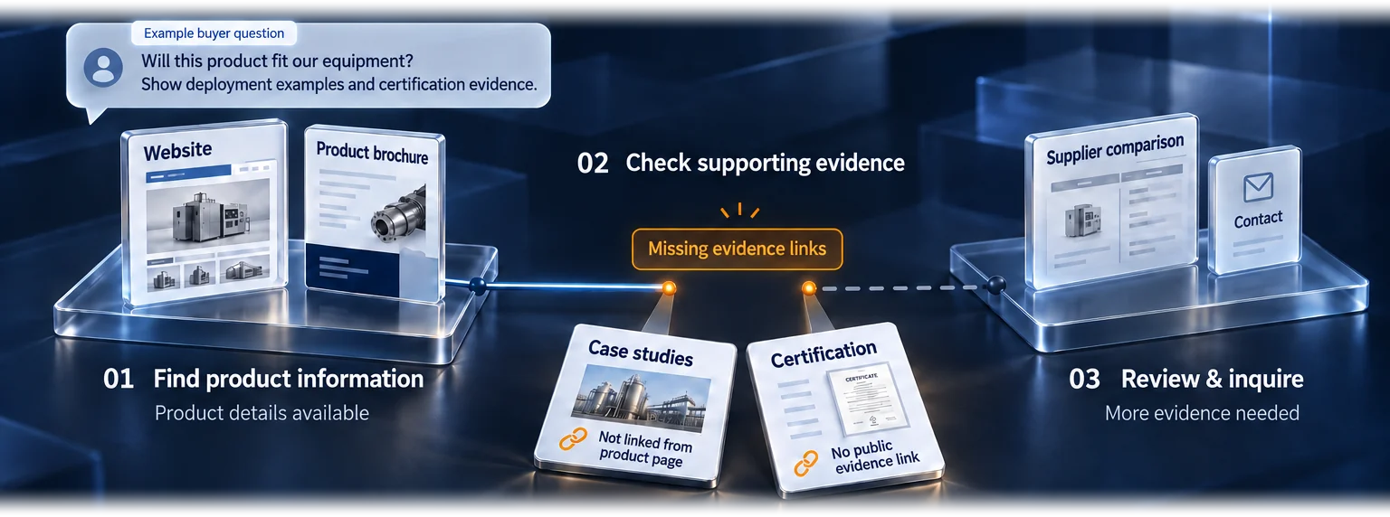 A three-step diagram. A buyer asks “Will this product fit our equipment? Show deployment examples and certification evidence.” 01 Find product information — the website and product brochure cover the product details. 02 Check supporting evidence — case studies are not linked from the product page and the certification has no public evidence link, so the step is marked “Missing evidence links”. 03 Review & inquire — more evidence is needed before comparison and contact can follow.