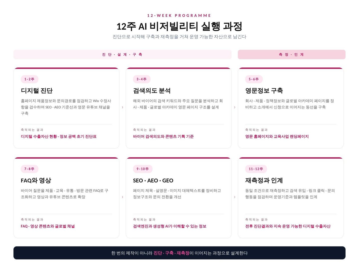 12주 AI 비저빌리티 실행 과정 — 디지털 진단, 검색의도 분석, 영문정보 구축, FAQ와 영상, SEO·AEO·GEO, 재측정과 인계