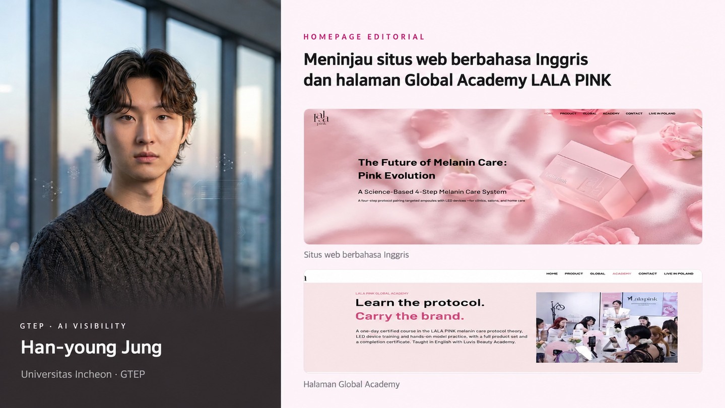 Jung Han-young bersama beranda LALA PINK Bahasa Inggris dan halaman Akademi Global yang ia bangun kembali