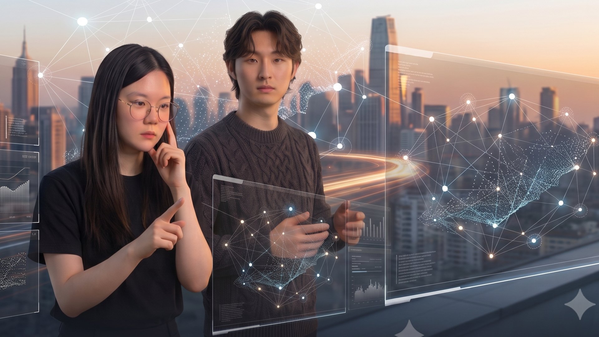 仁川国立大学 GTEP 专家 Kim Hyun-a 和 Jeong Han-young 一起审查城市天际线的数据屏幕